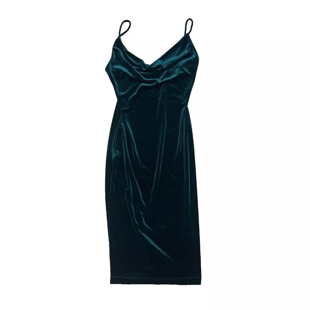 Lulus Womens Slip Dress Velvet Dark Green Cowl Neck Bodycon Midi Sleeveless S
